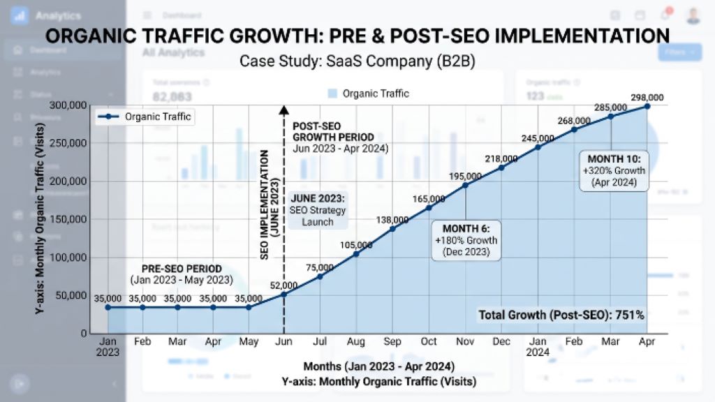 Graph showing organic traffic growth for a SaaS company after implementing SEO