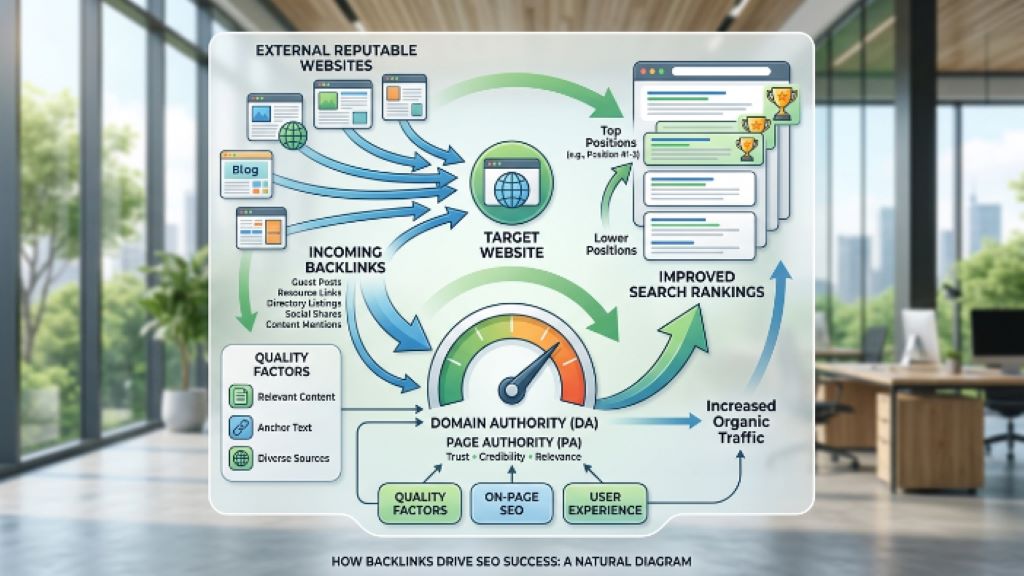 Diagram of backlinks boosting website domain authority and search rankings