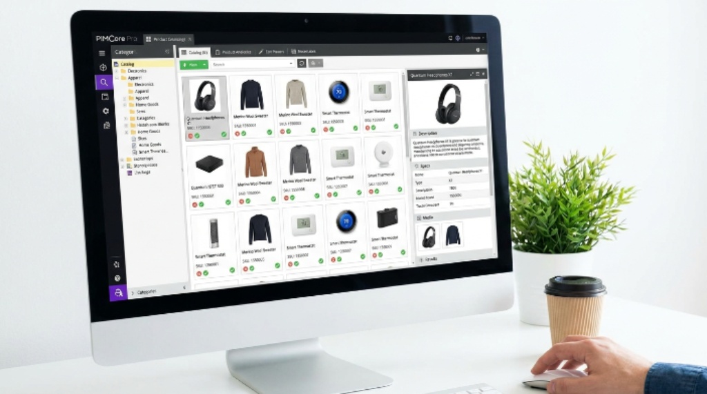 Product information management system displaying organized catalog entries