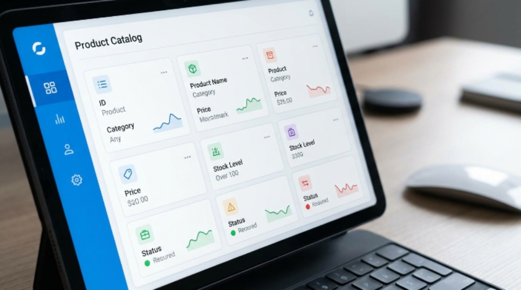 Structured product catalog data fields organized in a clean digital dashboard