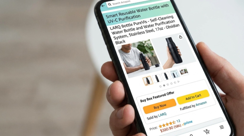 A product detail page on Amazon showing an optimized listing title, high-quality images, and the Buy Box Featured Offer button on a mobile screen