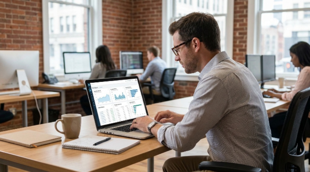 How Amazon Product Listing Optimization Supports Better Buy Box and Conversion Performance – Explained In Details An Amazon seller reviewing product listing optimization metrics and Buy Box performance data on a laptop dashboard in a US e-commerce office