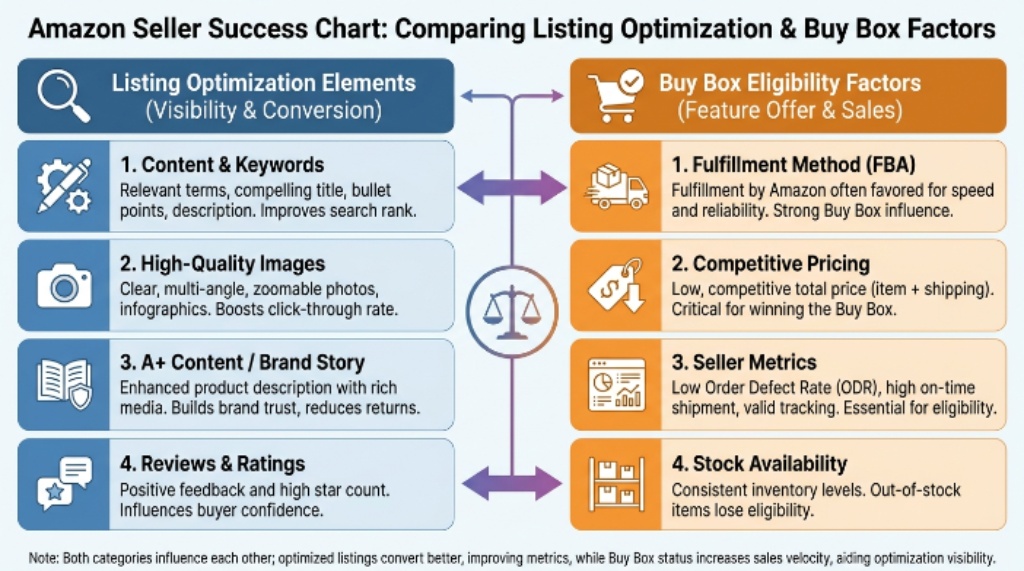 A chart comparing listing optimization elements and Buy Box eligibility factors for Amazon sellers including FBA, pricing, and seller metrics