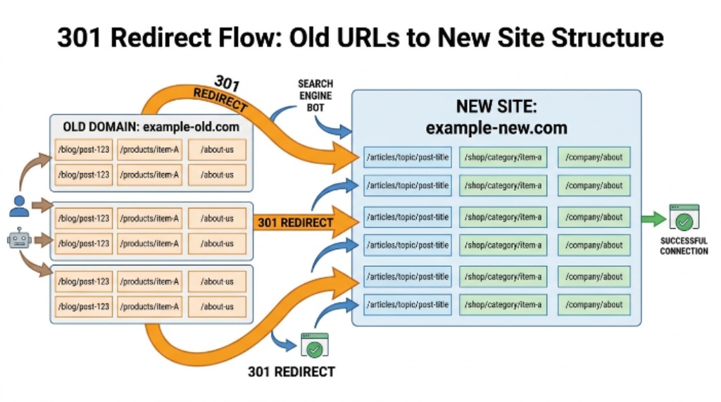 Diagram showing 301 redirect flow from old URLs to new site structure