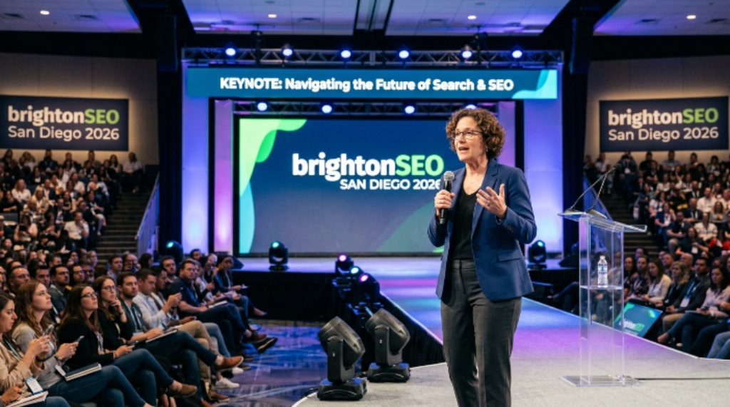 brightonSEO keynote speaker presenting on stage at San Diego 2026 conference