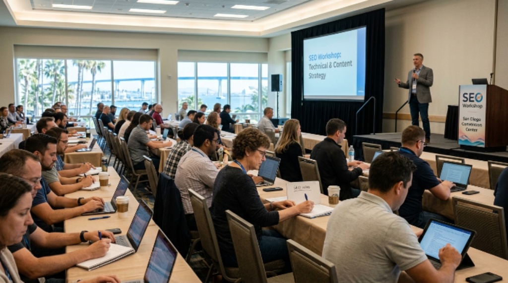 SEO workshop session with attendees taking notes at San Diego Convention Center