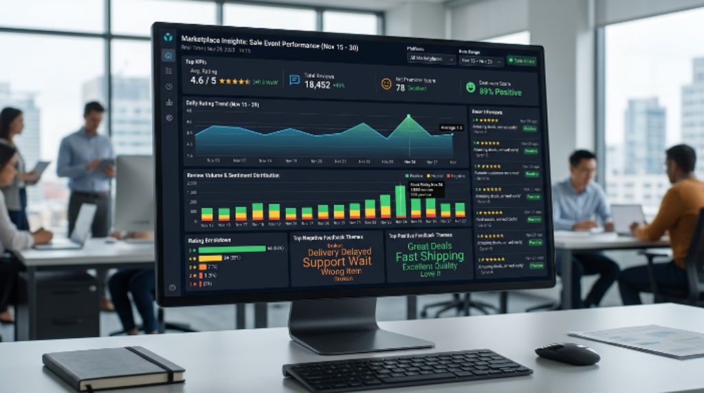Dashboard showing marketplace ratings and customer review trends during sale period
