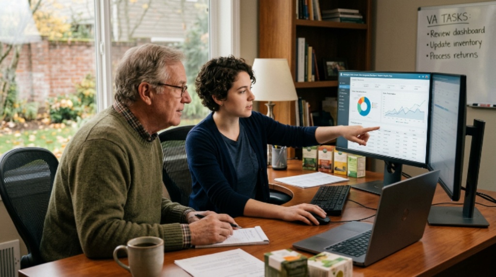 Seller reviewing order dashboard delegated to a virtual assistant