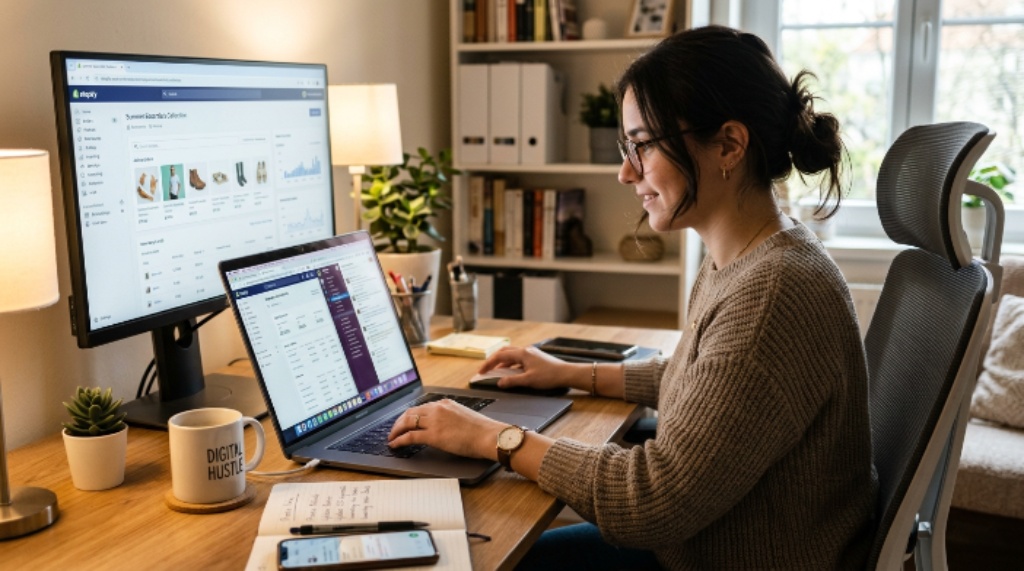 eCommerce virtual assistant managing online store tasks on a laptop