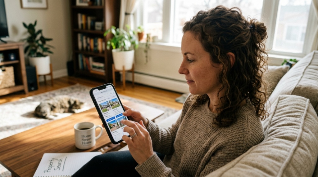 Home buyer browsing real estate website on smartphone searching listings