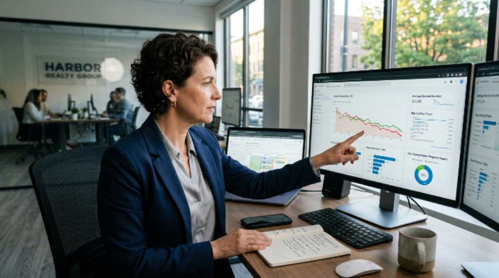 Real estate agent reviewing website analytics to reduce buyer bounce rate
