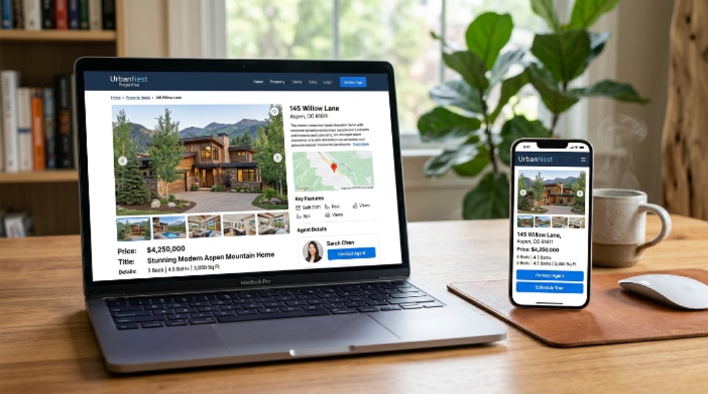 Real estate website on laptop and mobile showing property listing page