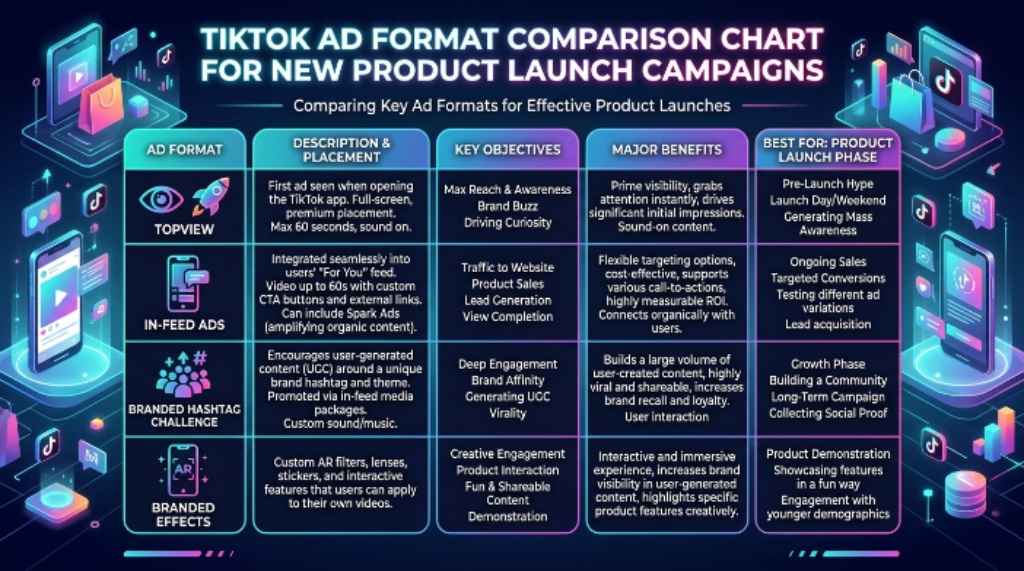 TikTok ad format comparison chart for new product launch campaigns